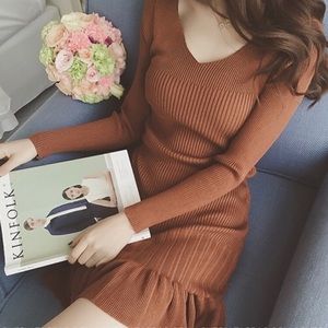 Brown winter long sleeve sweater dress